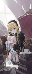 Rule 34 | 1girl, absurdres, armchair, backlighting, bare legs, barefoot, black dress, black hairband, blonde hair, blunt bangs, blush, book, book stack, chair, closed mouth, commentary, cup, curtains, dress, feet on chair, frilled hairband, frills, gosick, green eyes, hairband, highres, holding, holding smoking pipe, hugging own legs, indoors, long hair, looking at viewer, plate, sitting, smoking pipe, solo, teacup, toes, very long hair, victorica de blois, window, yinrain0023
