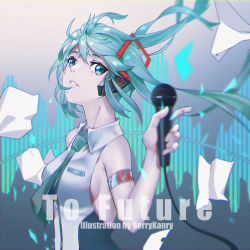 Rule 34 | 1girl, artist name, bare shoulders, berrykanry, blurry, blurry foreground, breasts, chinese commentary, collared shirt, commentary, depth of field, floating hair, green eyes, green hair, green necktie, hair between eyes, hair ornament, hand up, hatsune miku, highres, holding, holding microphone, long hair, medium breasts, microphone, necktie, paper, parted lips, power symbol, shirt, sideboob, solo, twintails, upper body, very long hair, vocaloid, white shirt