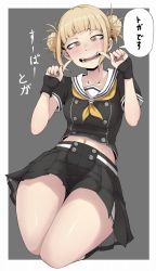 Rule 34 | 1girl, black skirt, black socks, blonde hair, blush, boku no hero academia, breasts, collarbone, crop top, double bun, eyebrows, fangs, full body, hair bun, highres, ina (gokihoihoi), index fingers raised, kneehighs, large breasts, looking at viewer, navel, neckerchief, open mouth, pointing, pointing at self, short hair, short sleeves, skirt, smile, socks, solo, speech bubble, teeth, thighs, toga himiko, translation request, yellow eyes, yellow neckerchief