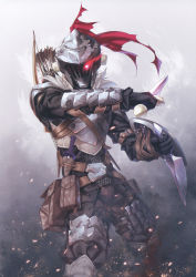 Rule 34 | 1boy, absurdres, armor, arrow (projectile), bow (weapon), breastplate, dual wielding, full armor, gauntlets, glowing, goblin slayer, goblin slayer!, greaves, helmet, highres, holding, holding weapon, kannatsuki noboru, knight, looking at viewer, male focus, official art, pauldrons, plate armor, plume, quiver, red eyes, reverse grip, scan, shoulder armor, solo, sword, weapon