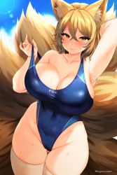 Rule 34 | 1girl, animal ears, arm up, armpits, bare shoulders, blonde hair, blue one-piece swimsuit, blush, breasts, cameltoe, cleavage, collarbone, competition swimsuit, covered navel, cowboy shot, curvy, fox ears, fox tail, groin, hair between eyes, highleg, highleg swimsuit, huge breasts, looking at viewer, marota, multiple tails, no headwear, one-piece swimsuit, short hair, skindentation, smile, solo, sweat, swimsuit, tail, thick thighs, thighhighs, thighs, touhou, white thighhighs, yakumo ran, yellow eyes, yellow tail