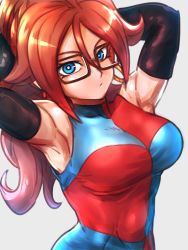 Rule 34 | 1girl, android 21, armpits, arms up, black-framed eyewear, blue eyes, breasts, brown hair, checkered clothes, checkered dress, closed mouth, collarbone, commentary request, curly hair, detached sleeves, dragon ball, dragon ball fighterz, dress, earrings, expressionless, glasses, hair between eyes, hoop earrings, jewelry, kemachiku, long hair, looking at viewer, medium breasts, sleeveless, sleeveless dress, solo, two-tone dress, upper body, very long hair