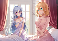 Rule 34 | 2girls, ahoge, anisphia wynn palettia, blonde hair, blurry, blurry background, blush, breasts, closed mouth, collarbone, commentary request, curtains, dress, euphyllia magenta, finger to mouth, green eyes, highres, indoors, kisaragi yuri, long hair, looking at another, medium hair, multiple girls, on bed, pajamas, pout, purple eyes, silver hair, sitting, smile, tensei oujo to tensai reijou no mahou kakumei, window, yuri