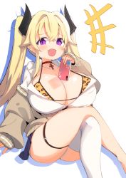 Rule 34 | 1girl, :d, absurdres, bikini, bikini top only, bikini under clothes, blonde hair, blush, breasts, brown cardigan, cardigan, cleavage, cross, cross necklace, fang, hair ornament, highres, holding, holding phone, huge breasts, jewelry, long hair, looking at viewer, luke (dydansgur), necklace, open mouth, original, phone, pink eyes, pleated skirt, shirt, sidelocks, single thighhigh, skin fang, skirt, sleeves past wrists, smile, solo, swimsuit, swimsuit under clothes, thigh strap, thighhighs, white shirt, white thighhighs