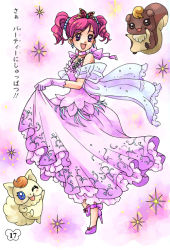 Rule 34 | 00s, 1girl, :d, coco (precure 5), coco (yes! precure 5), dress, drill hair, gown, high heels, non-web source, nuts, nuts (yes! precure 5), open mouth, pink hair, precure, princess, purple eyes, shoes, short twintails, smile, translation request, twintails, yes! precure 5, yumehara nozomi