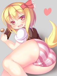 Rule 34 | 1girl, ass, bad id, bad pixiv id, blonde hair, candy, chocolate, dog tail, dragoner, dragoneropen mfang, fang, food, gradient background, hair ribbon, heart, lollipop, no pants, open mouth, panties, red eyes, ribbon, rumia, shirt, smile, solo, striped clothes, striped panties, tail, touhou, underwear, vest