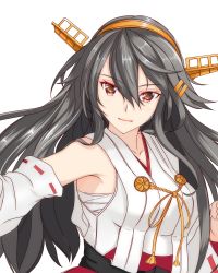Rule 34 | 1girl, absurdres, bare shoulders, black hair, brown eyes, commentary request, detached sleeves, hair ornament, hairband, hairclip, haruna (kancolle), headgear, highres, japanese clothes, kantai collection, long hair, looking at viewer, nitamako (sakamalh), red skirt, ribbon-trimmed sleeves, ribbon trim, simple background, skirt, solo, upper body, white background