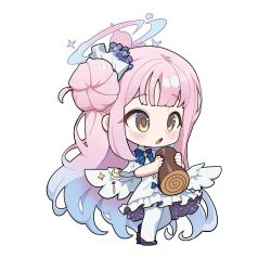 Rule 34 | 1girl, angel wings, black footwear, blue archive, blush, cake, capelet, crescent, crescent pin, dress, feathered wings, flower, food, frilled dress, frills, full body, hair bun, hair flower, hair ornament, halo, highres, holding, holding food, long hair, m.q (mqkyrie), mika (blue archive), open mouth, pantyhose, pink hair, pink halo, purple flower, shoes, simple background, single side bun, solo, swiss roll, white background, white capelet, white dress, white pantyhose, white wings, wings, yellow eyes
