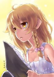 Rule 34 | 1girl, ahoge, black hat, blush, bow, braid, breasts, camisole, cleavage, commentary request, dated, expressionless, hat, highres, holding, holding clothes, holding hat, kei jiei, kirisame marisa, long hair, looking afar, open mouth, pink bow, side braid, single braid, small breasts, solo, touhou, unworn hat, unworn headwear, white camisole, witch hat, yellow background, yellow eyes