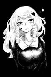 Rule 34 | aygoftenover, blush, breasts, broken heart print, closed mouth, collarbone, drill hair, greyscale, hair ornament, heart, heart hair ornament, highres, large breasts, long hair, looking at viewer, monochrome, shy (series), smile, solo, swept bangs, tongue, tongue out, twin drills, upper body