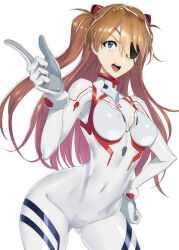 Rule 34 | 1girl, artist request, blue eyes, bodysuit, breasts, brown hair, covered navel, curvy, evangelion: 3.0+1.0 thrice upon a time, eyepatch, floating hair, from above, hair between eyes, hair ornament, hand on own hip, highres, index finger raised, interface headset, ippo, lips, long hair, looking at viewer, medium breasts, neon genesis evangelion, open mouth, pilot suit, plugsuit, rebuild of evangelion, shiny clothes, shiny skin, signature, simple background, skin tight, solo, souryuu asuka langley, tsundere, twintails, white bodysuit, wide hips