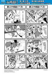 Rule 34 | !?, 4koma, blush, chinese text, clone, comic, detached sleeves, fang, fighting, gender request, genderswap, highres, hong hai-er, journey to the west, monochrome, multiple 4koma, otosama, ponytail, spoken interrobang, staff, sun wukong, translated
