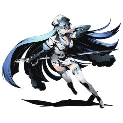 Rule 34 | 10s, 1girl, absurdly long hair, akame ga kill!, alpha transparency, blue eyes, blue hair, boots, breasts, choker, cleavage, collarbone, divine gate, esdeath, full body, hair between eyes, hat, holding, holding sword, holding weapon, leg up, long hair, medium breasts, military, military uniform, official art, pleated skirt, shadow, skirt, solo, sword, thigh boots, thighhighs, transparent background, ucmm, uniform, very long hair, weapon, white footwear, white thighhighs