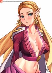 Rule 34 | 1girl, arms behind back, blonde hair, blue eyes, blush, boa hancock, boa hancock (cosplay), breasts, cleavage, cosplay, earrings, elf, highres, jewelry, large breasts, long hair, midriff, navel, nintendo, one piece, parted lips, pointy ears, princess, princess zelda, solo, the legend of zelda, the legend of zelda: breath of the wild, toned, xhaart