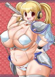Rule 34 | 1girl, armor, belly, bikini, bikini armor, blonde hair, blush, breasts, cameltoe, cleavage, deadashpx, fat, headphones, huge breasts, long hair, looking at viewer, navel, nitroplus, open mouth, orange eyes, plump, red eyes, short hair, smile, solo, super pochaco, swimsuit, sword, thick thighs, thighs, twintails, watarishirou28, weapon, white bikini, wide hips