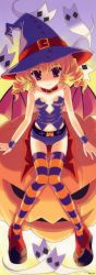 Rule 34 | 1girl, absurdres, bat wings, blonde hair, blue thighhighs, drill hair, flat chest, ghost, halloween, hat, highres, jack-o&#039;-lantern, long image, nanao naru, orange thighhighs, pumpkin, purple eyes, short hair, short shorts, short twintails, shorts, solo, stick poster, striped clothes, striped thighhighs, tall image, thighhighs, twin drills, twintails, wings