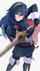 Rule 34 | 1girl, absurdres, belt, blue cape, blue eyes, blue gloves, blue hair, brown belt, cape, closed mouth, commentary, falchion (fire emblem), fingerless gloves, fire emblem, fire emblem awakening, gloves, hair between eyes, highres, holding, holding sword, holding weapon, long hair, long sleeves, looking at viewer, lucina (fire emblem), nintendo, pearlbbbb, red cape, ribbed sweater, simple background, solo, sweater, sword, tiara, two-tone cape, weapon, white background