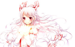 Rule 34 | 1girl, bad id, bad pixiv id, bow, commentary, crying, crying with eyes open, female focus, fire, flaming hand, fujiwara no mokou, hair bow, hair ribbon, juliet sleeves, long hair, long sleeves, looking at viewer, pink eyes, puffy sleeves, ribbon, sanotsuki, shirt, silver hair, simple background, smile, solo, suspenders, tears, touhou, tress ribbon, upper body, very long hair, white background