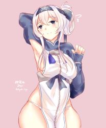 Rule 34 | 1girl, ainu clothes, bandages, bandana, blue eyes, commentary request, cowboy shot, cropped jacket, folded ponytail, fundoshi, hair between eyes, headband, highres, japanese clothes, kamoi (kancolle), kantai collection, long sleeves, miyasaka miyabi, one-hour drawing challenge, panties, pelvic curtain, pink background, side-tie panties, sidelocks, simple background, solo, thick eyebrows, thighhighs, underwear, white hair, wrist guards