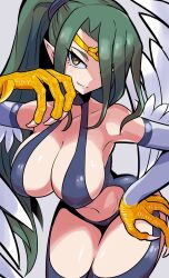 Rule 34 | 1girl, absurdres, animal hands, bare shoulders, breasts, brown eyes, circlet, claws, cleavage, commentary request, duel monster, feathered wings, feathers, green hair, hair over one eye, harpie queen, harpy, highres, large breasts, long hair, monster girl, navel, pointy ears, ponytail, revealing clothes, simple background, smile, solo, thighhighs, wadatsumi (sense11531153), white background, white wings, winged arms, wings, yu-gi-oh!