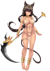 Rule 34 | 1girl, animal ears, anklet, armlet, barefoot, black hair, blush, bracelet, breasts, cameltoe, cat ears, cat tail, cleavage, covered erect nipples, dark-skinned female, dark skin, egyptian, feet, full body, jewelry, large breasts, long hair, looking at viewer, lots of jewelry, md5 mismatch, navel, oni-noboru, original, purple eyes, revision, scythe, simple background, slingshot swimsuit, smile, solo, swimsuit, tail, thigh strap, white background