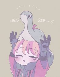 Rule 34 | 1girl, ^ ^, animification, apex legends, blonde hair, blue gloves, blue headwear, cfcult7825, chibi, closed eyes, commentary, english commentary, gloves, green background, highres, hood, hooded jacket, jacket, nessie (respawn), on head, orange jacket, solo, stuffed toy, upper body, wattson (apex legends)