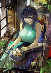 Rule 34 | 1girl, absurdres, bag, blue eyes, blue hair, cake, casual, cellphone, clock, colored inner hair, contemporary, display case, earrings, food, hair intakes, highres, hololive, hololive english, jewelry, kronie (ouro kronii), long hair, looking at viewer, multicolored hair, ouro kronii, pants, phone, sitting, sleeveless, smartphone, solo, transparent, virtual youtuber, vyragami, watch, wristwatch
