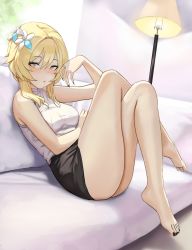 Rule 34 | 1girl, absurdres, alternate costume, bad feet, bare arms, bare legs, barefoot, black nails, blonde hair, blush, breasts, contemporary, crossed legs, dolri, artistic error, flower, genshin impact, hair between eyes, hair flower, hair ornament, hand up, highres, lamp, leaning back, lily (flower), looking at viewer, lumine (genshin impact), medium breasts, nail polish, parted lips, pencil skirt, shirt, shirt tucked in, short hair with long locks, sidelocks, sitting, skirt, sleeveless, sleeveless shirt, solo, thighs, toenail polish, toenails, white flower, white shirt, wrong foot, yellow eyes