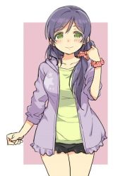 Rule 34 | 10s, 1girl, arm at side, black skirt, blush, closed mouth, collarbone, cowboy shot, duke (inu daimyou), eyebrows, green eyes, green shirt, hair ornament, hair scrunchie, hand up, jacket, legs together, long hair, long sleeves, looking at viewer, love live!, love live! school idol festival, love live! school idol project, low twintails, miniskirt, open clothes, open jacket, purple hair, purple jacket, scrunchie, shirt, skirt, smile, solo, standing, tareme, tojo nozomi, twintails, wrist scrunchie