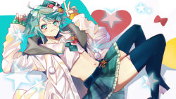 Rule 34 | 1boy, ahoge, arms up, blush, boots, closed mouth, commentary request, green eyes, green hair, hair ornament, hairclip, hat, hat pin, heart, highres, holostars, jacket, kagami kira, light smile, long sleeves, looking at viewer, male focus, midriff, navel, pom pom (clothes), silou b, skirt, solo, thigh boots, thighhighs, trap, virtual youtuber