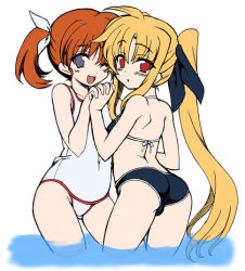 Rule 34 | 00s, 2girls, ass, bikini, black bikini, blonde hair, blue eyes, blush, breasts, brown hair, collarbone, fate testarossa, flat color, from behind, hair ribbon, holding hands, hata (transistor baby), long hair, looking at viewer, looking back, lyrical nanoha, mahou shoujo lyrical nanoha, multiple girls, one-piece swimsuit, open mouth, red eyes, ribbon, small breasts, smile, swimsuit, takamachi nanoha, twintails, wading, water, white one-piece swimsuit, wink, yuri