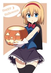 Rule 34 | 1girl, :o, alice margatroid, bad id, bad pixiv id, black cape, black skirt, black thighhighs, blonde hair, blue eyes, blush, bow, bowtie, cape, cowboy shot, enushi (toho193), hairband, halloween, happy halloween, highres, holding, jack-o&#039;-lantern, looking at viewer, open mouth, panties, red bow, red hairband, short hair, skirt, sleeveless, solo, standing, tareme, thighhighs, thought bubble, touhou, two-tone background, underwear, white panties, zettai ryouiki