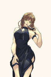 Rule 34 | 1girl, beige background, black dress, brown hair, closed mouth, dagger, dress, earrings, formal, green eyes, highres, holding, holding dagger, holding knife, holding weapon, jewelry, knife, lipstick, long hair, makeup, rosa (tears of themis), simple background, sketch, sleeveless, sleeveless dress, smile, solo, tears of themis, waffletop, weapon