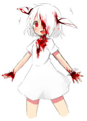 Rule 34 | 1girl, bleed through, blood, blood on clothes, dress, fang, happy, highres, impaled, injury, kushizashi-chan, mikan (ama no hakoniwa), open mouth, original, red eyes, scan, scan artifacts, silver hair, simple background, solo