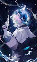 Rule 34 | 1boy, ahoge, arknights, black shirt, blue background, blue hair, collar, colored inner hair, commentary request, cosplay, from side, gun, half-closed eyes, handgun, holding, holding gun, holding weapon, imahana017, irene (arknights), irene (arknights) (cosplay), lumen (arknights), male focus, multicolored hair, pointy ears, revolver, shirt, short hair, solo, sparkle, upper body, weapon, weibo watermark, white collar, yellow eyes