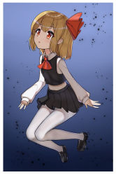 Rule 34 | 1girl, :o, ascot, black footwear, black skirt, black vest, blonde hair, blue background, border, breasts, darkness, full body, gradient background, hair ribbon, highres, loafers, long sleeves, looking up, lulumiya (abbb1233), medium hair, miniskirt, outline, pantyhose, pleated skirt, puffy sleeves, red ascot, red eyes, red ribbon, ribbon, rumia, shirt, shoes, simple background, skirt, sleeves past wrists, small breasts, solo, touhou, vest, white outline, white pantyhose, white shirt