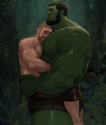 Rule 34 | 2boys, abs, absurdres, arm hair, ass grab, bara, beard, between pecs, between pectorals, blonde hair, blush, brown male underwear, brown pants, bulge, carrying, chest hair, chin rest, closed eyes, colored skin, couple, cuddling, dopey (dopq), facial hair, forest, green skin, hairy, hand on another&#039;s ass, head between pecs, head on head, head rest, heart, height difference, highres, hug, interspecies, large hands, large pectorals, loving aura, male focus, male underwear, mature male, monster boy, multiple boys, muscular, muscular male, nature, nipples, orc, original, pants, pectorals, pointy ears, rain, short hair, sideburns, size difference, stomach, thick thighs, thighs, topless male, tusks, underwear, wet, yaoi