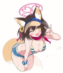 Rule 34 | 1girl, animal ear fluff, animal ears, bare shoulders, bikini, blue archive, blue bikini, blue shorts, breasts, brown hair, cleavage, commentary, denim, denim shorts, fang, flower, fox ears, fox girl, fox shadow puppet, fox tail, hair between eyes, hair flower, hair ornament, halo, highleg, highleg bikini, highres, izuna (blue archive), izuna (swimsuit) (blue archive), leaning forward, looking at viewer, medium breasts, official alternate costume, one eye closed, one side up, open mouth, pink halo, red scarf, rope, scarf, scrunchie, shimenawa, short hair, short shorts, shorts, simple background, skin fang, smile, solo, striped bikini, striped clothes, sunflower, sunflower hair ornament, sweat, swimsuit, tail, thighs, visor cap, white background, white stripes, wrist scrunchie, yabai gorilla, yellow eyes