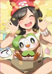 Rule 34 | 1girl, :d, ?, absurdres, beanie, blush, brown hair, chromatic aberration, closed eyes, commentary request, cosplay, creatures (company), dartrix, dartrix (cosplay), eyelashes, game freak, gen 7 pokemon, green shorts, hands up, hat, head tilt, highres, medium hair, nintendo, open mouth, pokemon, pokemon sm, red headwear, rowlet, selene (pokemon), shiny skin, shirt, short sleeves, shorts, sitting, smile, spread legs, t-shirt, taisa (lovemokunae), teeth, thought bubble, tongue, upper teeth only, yellow shirt, z-ring, |d