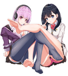 Rule 34 | 10s, absurdres, ass, barefoot, black hair, black pantyhose, breasts, cardigan, clothes pull, commentary, feet, gatari, gridman universe, headphones, highres, legs, legs up, long hair, looking at viewer, medium breasts, no shoes, panties, pantyhose, parted lips, pink hair, red eyes, shinjou akane, simple background, smile, soles, ssss.gridman, takarada rikka, thighs, toes, trefoil, underwear, white background, white panties