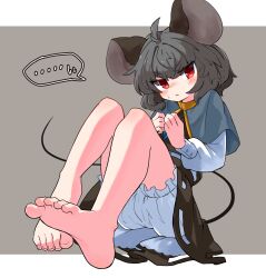 Rule 34 | ..., 1girl, ahoge, animal ears, bare legs, barefoot, bloomers, blue capelet, blush, capelet, closed mouth, feet, full body, grey hair, grey skirt, grey vest, highres, looking at viewer, mouse ears, mouse tail, nazrin, red eyes, short hair, sitting, skirt, soles, solo, spoken ellipsis, tail, toenails, toes, touhou, uisu (noguchipint), underwear, vest, white bloomers