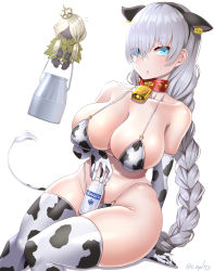 Rule 34 | 1girl, absurdres, anastasia (fate), animal ears, animal print, bare shoulders, bell, bikini, blue eyes, blush, bottle, braid, braided ponytail, breasts, cleavage, collar, collarbone, cow ears, cow horns, cow print, cow tail, cowbell, doll, elbow gloves, fake horns, fate/grand order, fate (series), gloves, hair over one eye, hairband, highres, horns, large breasts, long hair, looking at viewer, milk bottle, navel, neck bell, open mouth, print bikini, sekai saisoku no panda, sitting, swimsuit, tail, thighhighs, thighs, very long hair, viy (fate), white gloves, white hair, white thighhighs