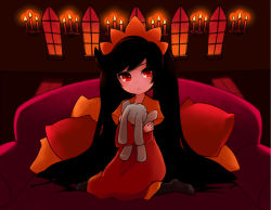 Rule 34 | 1girl, ashley (warioware), black hair, rabbit, candle, candlelight, child, couch, doll, dress, long hair, nintendo, pillow, rani, red eyes, sitting, solo, stuffed animal, stuffed toy, twintails, very long hair, warioware, wariza, window, witch