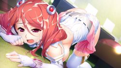 Rule 34 | 1girl, aftersex, bed, blush, breasts, breasts out, bukkake, clothing aside, cum, cum on body, cum on hair, cum on lower body, cum on upper body, cumdrip, embarrassed, female focus, fingerless gloves, from below, game (=eroge) mitai na, suteki na koi ga shitai!, game cg, gloves, hadashi shoujo, highres, indoors, ino (magloid), legs, leotard, leotard aside, medium breasts, open mouth, original, otokaze marine, pink eyes, red hair, skirt, solo, thighs, top-down bottom-up, twintails