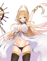 Rule 34 | 1girl, :d, arm up, armpits, azur lane, bad hands, bare shoulders, black panties, black thighhighs, blonde hair, blue eyes, breasts, center opening, chain, cleavage, covered erect nipples, cowboy shot, dress, hair ornament, hairclip, highres, holding, holding staff, large breasts, laurel crown, long hair, looking at viewer, navel, open mouth, panties, revealing clothes, ribbon, schreibe shura, sidelocks, simple background, skindentation, sleeveless, sleeveless dress, smile, solo, staff, standing, stomach, thighhighs, underwear, very long hair, victorious (azur lane), white background, white dress, wrist ribbon