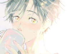 Rule 34 | 1boy, black hair, cup, drinking, expressionless, fingernails, katsuki yuuri, looking at viewer, male focus, mug, shaded face, short hair, simple background, solo, sunlight, white background, yellow eyes, yuri!!! on ice, zilu