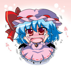 Rule 34 | 1girl, bad id, bad pixiv id, bat wings, blue hair, bow, chibi, commentary request, fang, hair between eyes, hair bow, hat, mob cap, noai nioshi, open mouth, puffy sleeves, red bow, remilia scarlet, short hair, short sleeves, solo, tears, touhou, wavy mouth, wings