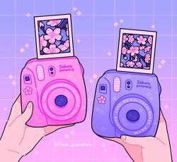 Rule 34 | 1other, camera, cherry blossom print, cherry blossoms, emily kim, floral print, gradient background, grid background, highres, holding, holding camera, limited palette, original, out of frame, pastel colors, pink background, polaroid, polaroid camera, purple background, purple theme, sparkle, twitter username