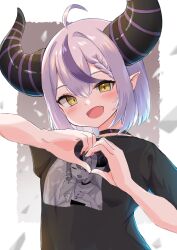 Rule 34 | 1girl, ahoge, alternate costume, alternate hair length, alternate hairstyle, black choker, black horns, braid, braided bangs, character print, choker, fang, grey hair, heart, heart hands, highres, hololive, horns, la+ darknesss, looking at viewer, multicolored hair, nicky0, open mouth, pointy ears, print shirt, purple hair, self character print, shirt, short hair, smile, solo, streaked hair, striped horns, t-shirt, virtual youtuber