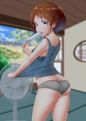Rule 34 | 10s, 1girl, ass, blue eyes, blush, breasts, brown hair, butt crack, electric fan, food, girls und panzer, looking back, panties, popsicle, sakaguchi karina, shirt, small breasts, solo, striped clothes, striped panties, sweat, tongue, underwear, yaoyasan